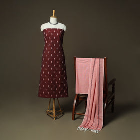 Maroon - Pochampally Ikat Weave Cotton 3pc Unstitched Dress Material Suit Set 05
