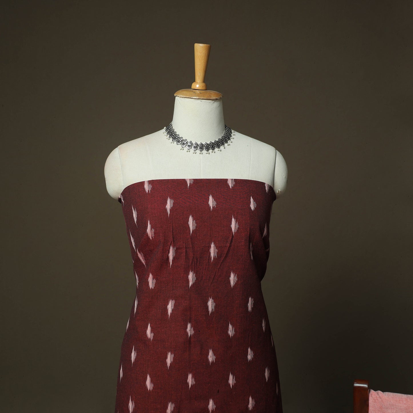 Maroon - Pochampally Ikat Weave Cotton 3pc Unstitched Dress Material Suit Set 05
