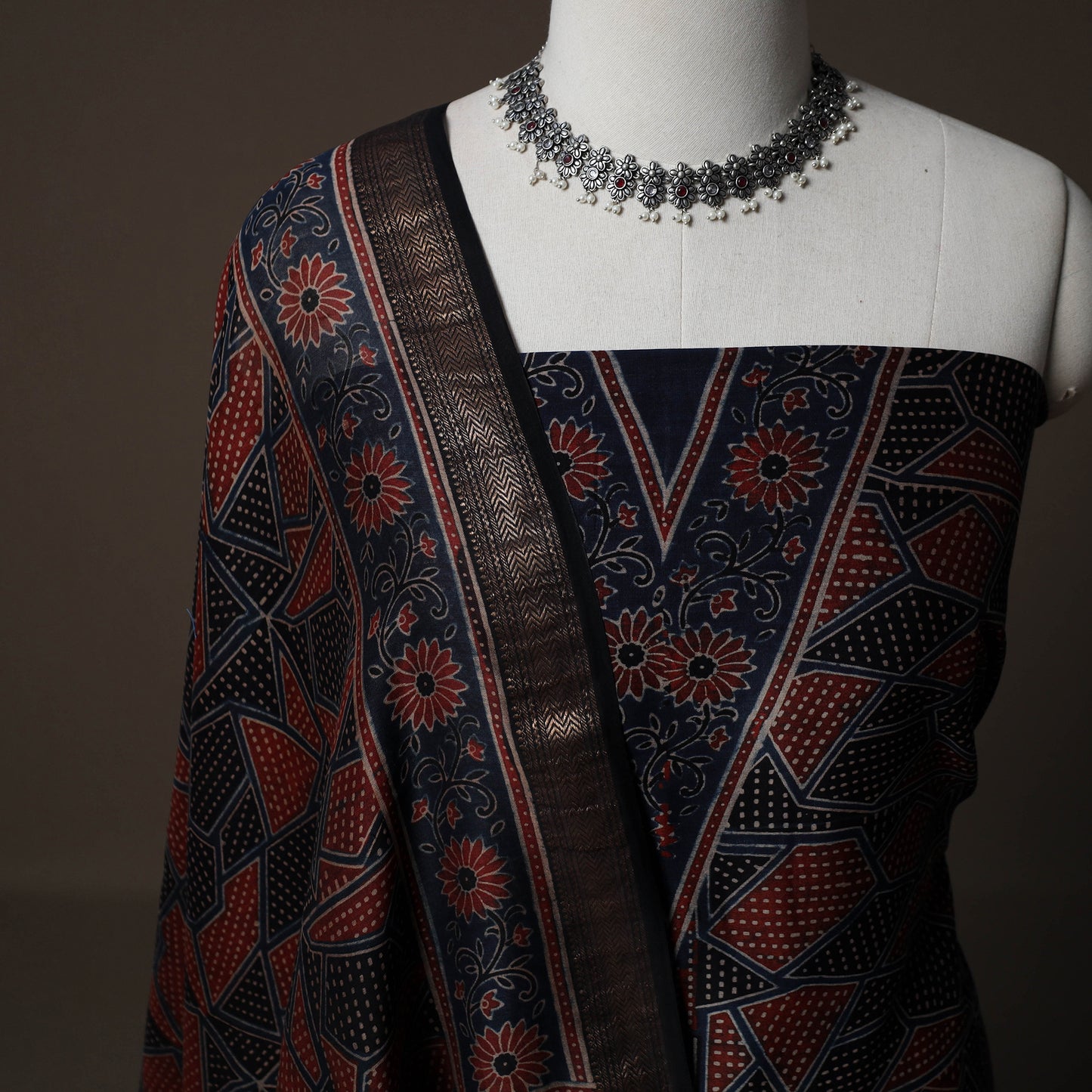 Ajrakh Hand Block Print Natural Dyed Chanderi Silk 2pc Unstitched Dress Material Kurta Set 17