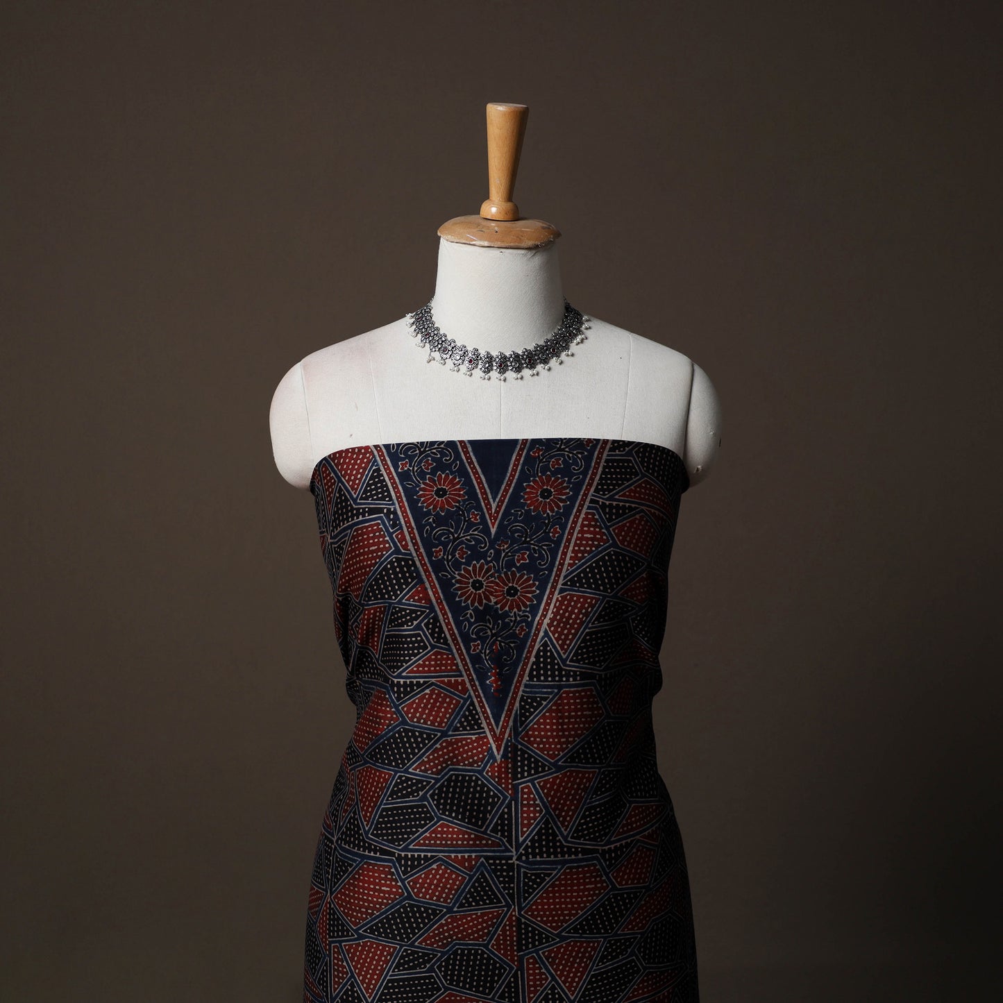 Ajrakh Hand Block Print Natural Dyed Chanderi Silk 2pc Unstitched Dress Material Kurta Set 17