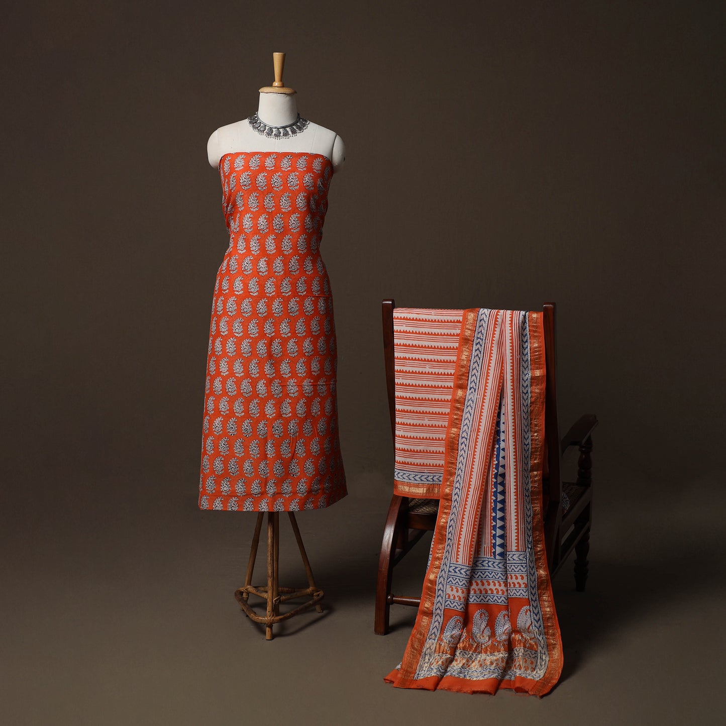 Bagh Hand Block Print Natural Dyed Maheshwari Silk 3pc Unstitched Dress Material Suit Set 06