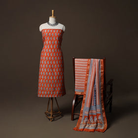 Bagh Hand Block Print Natural Dyed Maheshwari Silk 3pc Unstitched Dress Material Suit Set 06