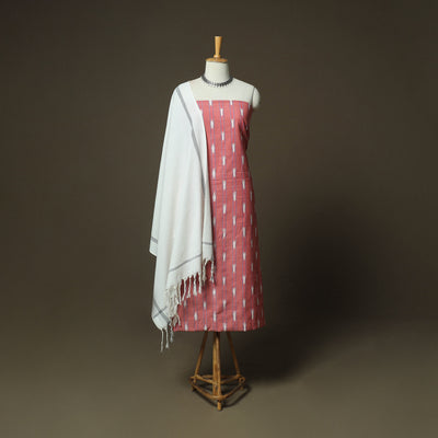 Peach - Pink - Pochampally Ikat Weave Cotton 3pc Unstitched Dress Material Suit Set 06