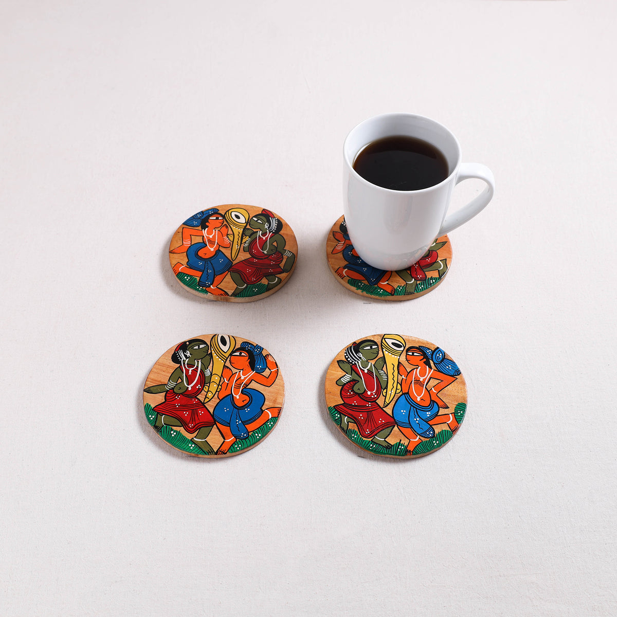 Bengal Patua Handpainted Akashmoni Wooden Coasters (Set of 4) 21