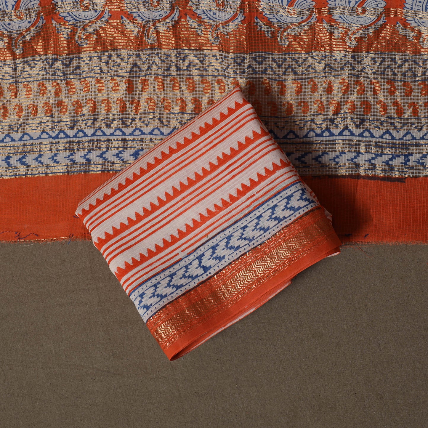 Bagh Hand Block Print Natural Dyed Maheshwari Silk 3pc Unstitched Dress Material Suit Set 06