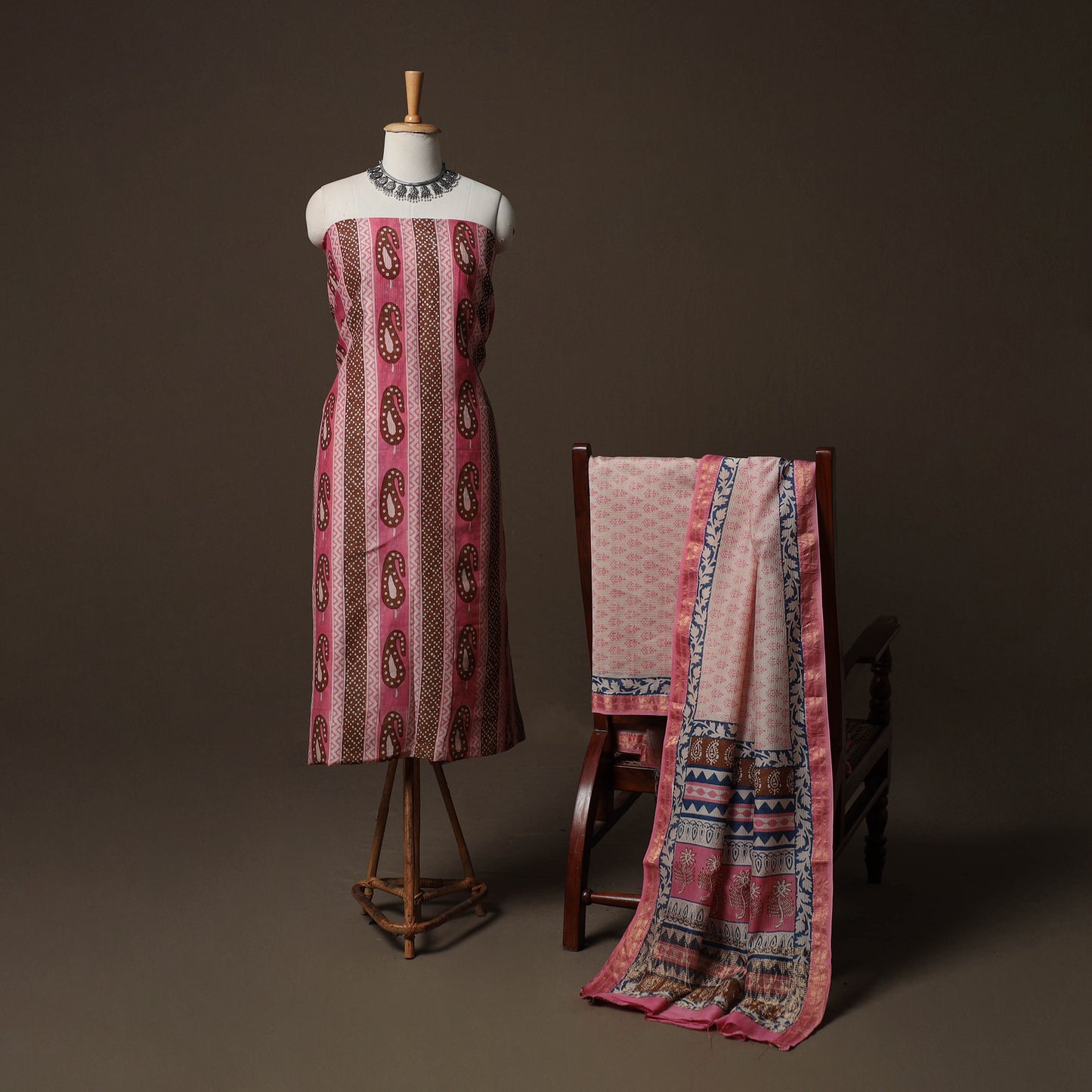 Bagh Hand Block Print Natural Dyed Maheshwari Silk 3pc Unstitched Dress Material Suit Set 07
