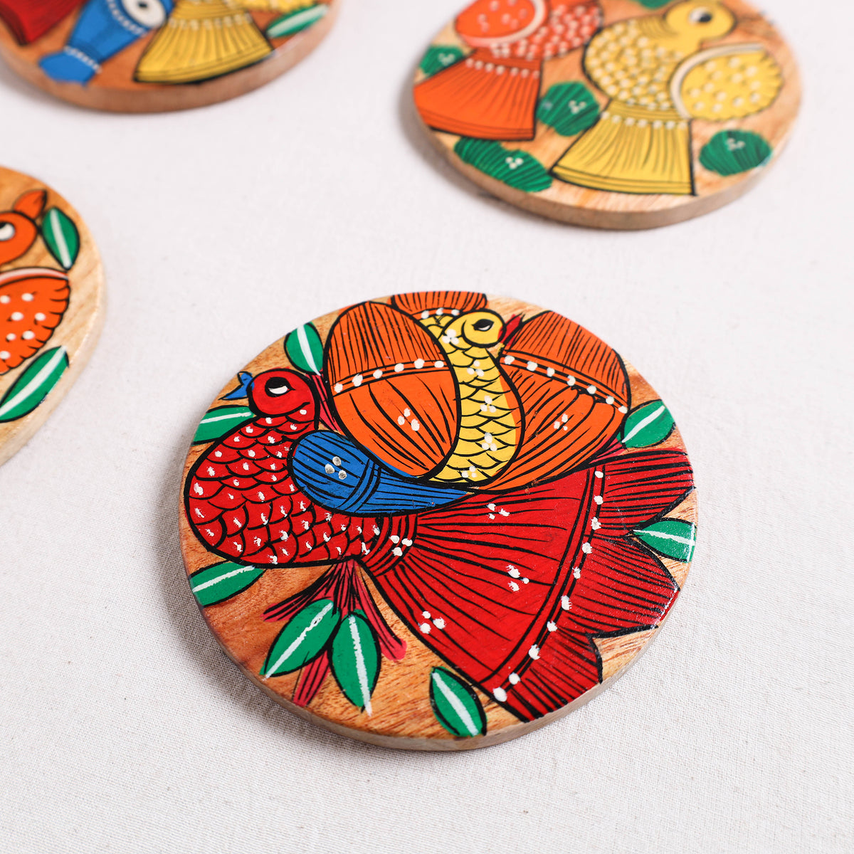 Bengal Patua Handpainted Akashmoni Wooden Coasters (Set of 4) 22