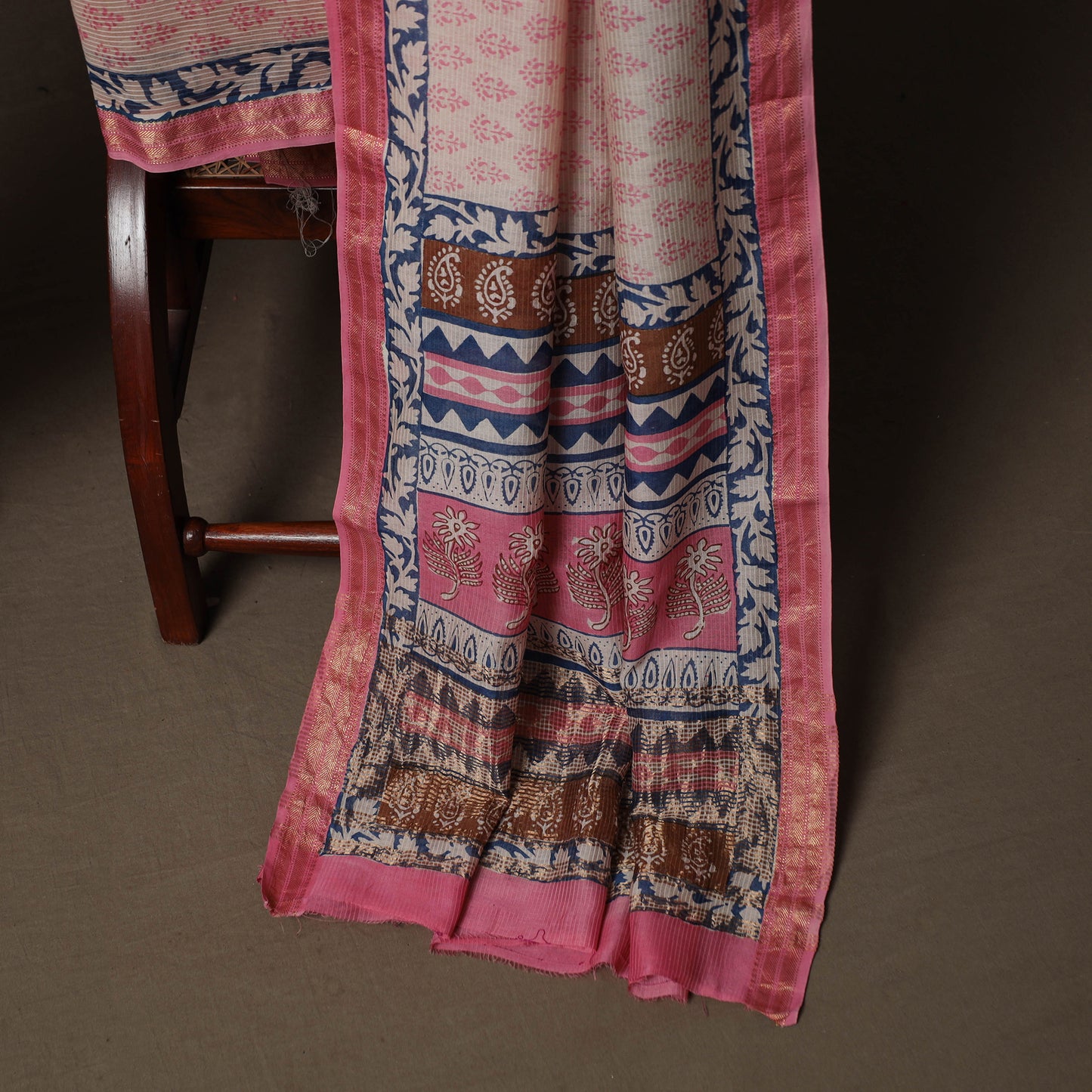Bagh Hand Block Print Natural Dyed Maheshwari Silk 3pc Unstitched Dress Material Suit Set 07