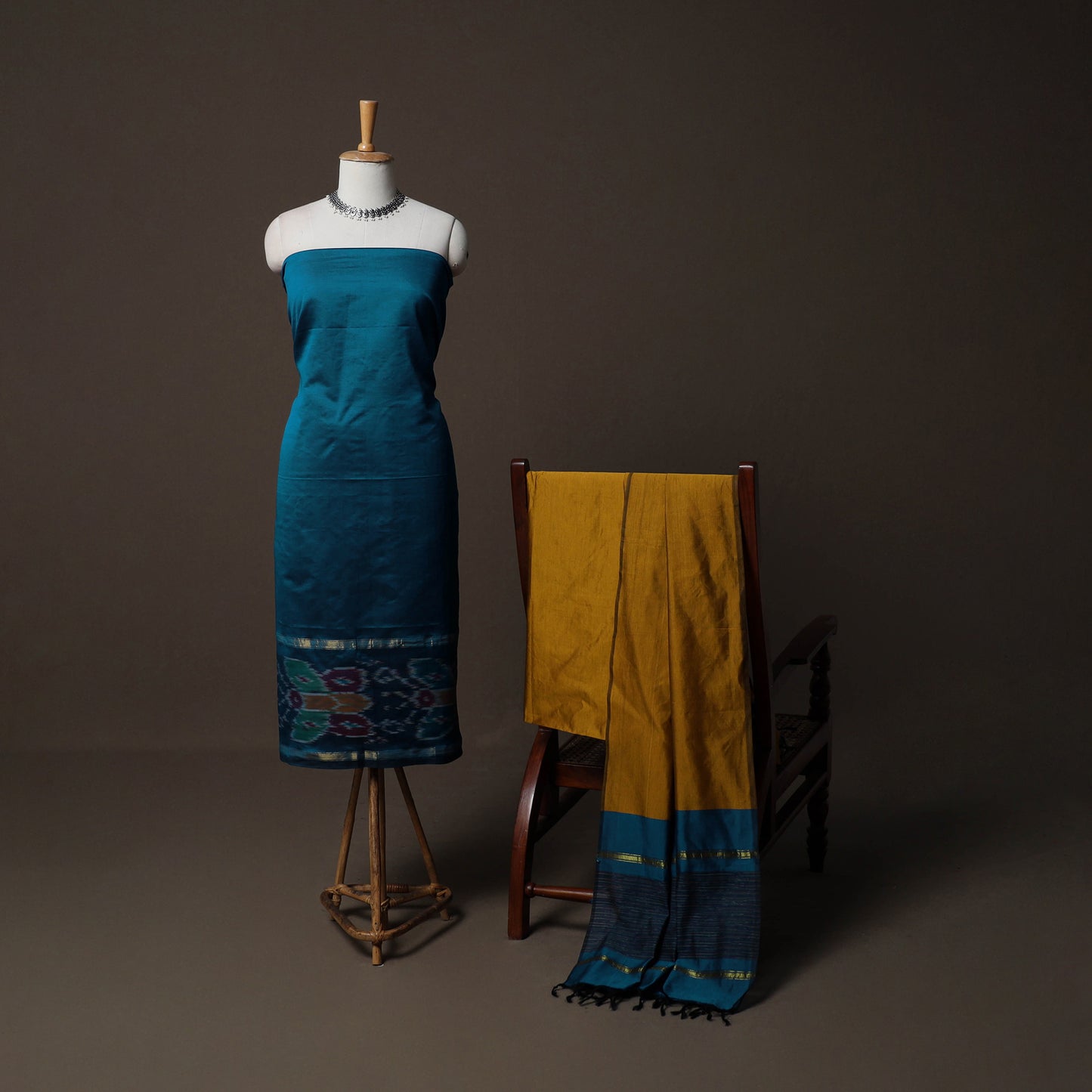 Pochampally Ikat Weave Silk Cotton 3pc Unstitched Dress Material Suit Set 02