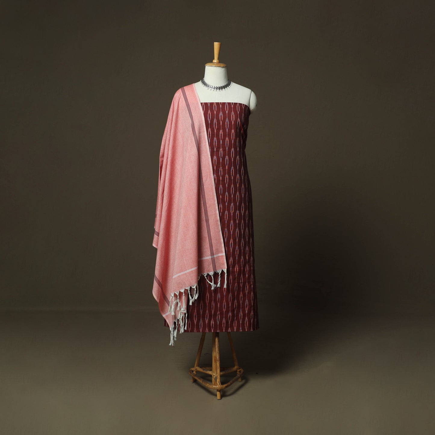 Maroon - Pochampally Ikat Weave Cotton 3pc Unstitched Dress Material Suit Set 08