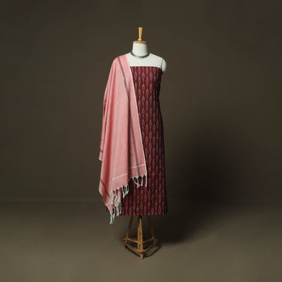 Maroon - Pochampally Ikat Weave Cotton 3pc Unstitched Dress Material Suit Set 08