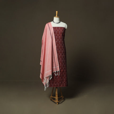 Maroon - Pochampally Ikat Weave Cotton 3pc Unstitched Dress Material Suit Set 08