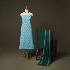 Blue - Pochampally Ikat Weave Cotton 3pc Unstitched Dress Material Suit Set 09