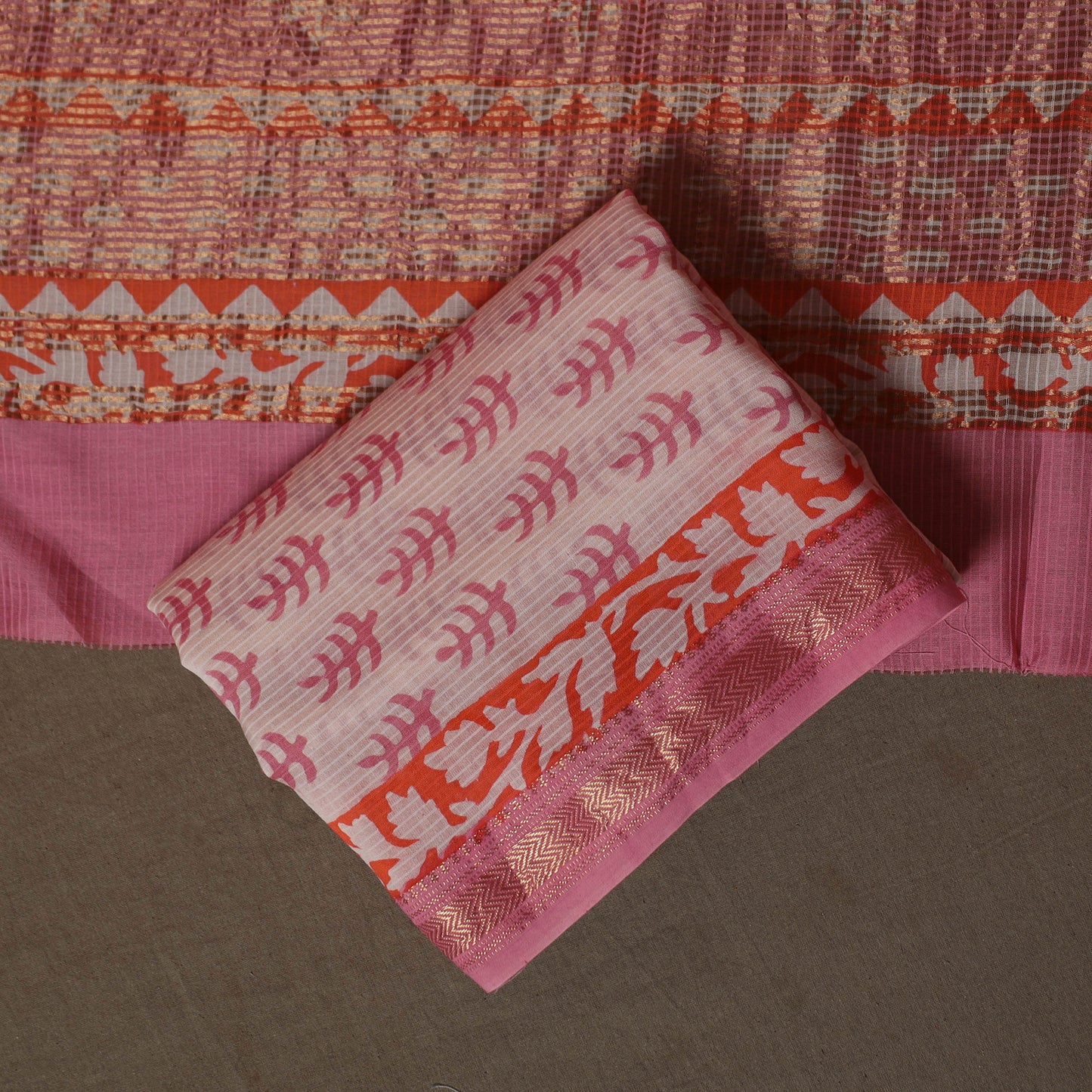 Bagh Hand Block Print Natural Dyed Maheshwari Silk 3pc Unstitched Dress Material Suit Set 08