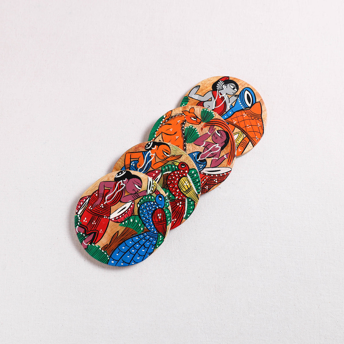 Bengal Patua Handpainted Akashmoni Wooden Coasters (Set of 4) 24