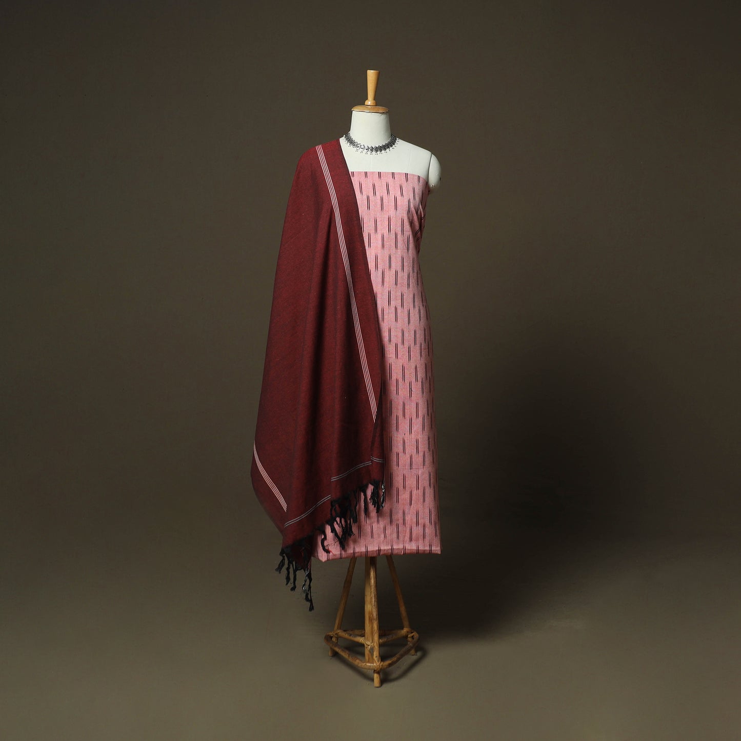 Pink - Pochampally Ikat Weave Cotton 3pc Unstitched Dress Material Suit Set 10