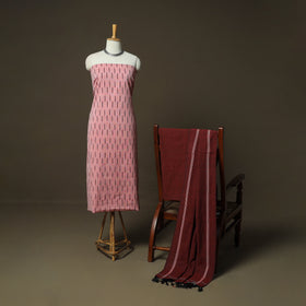 Pink - Pochampally Ikat Weave Cotton 3pc Unstitched Dress Material Suit Set 10