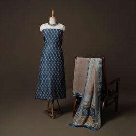 Bagh Hand Block Print Natural Dyed Maheshwari Silk 3pc Unstitched Dress Material Suit Set 10
