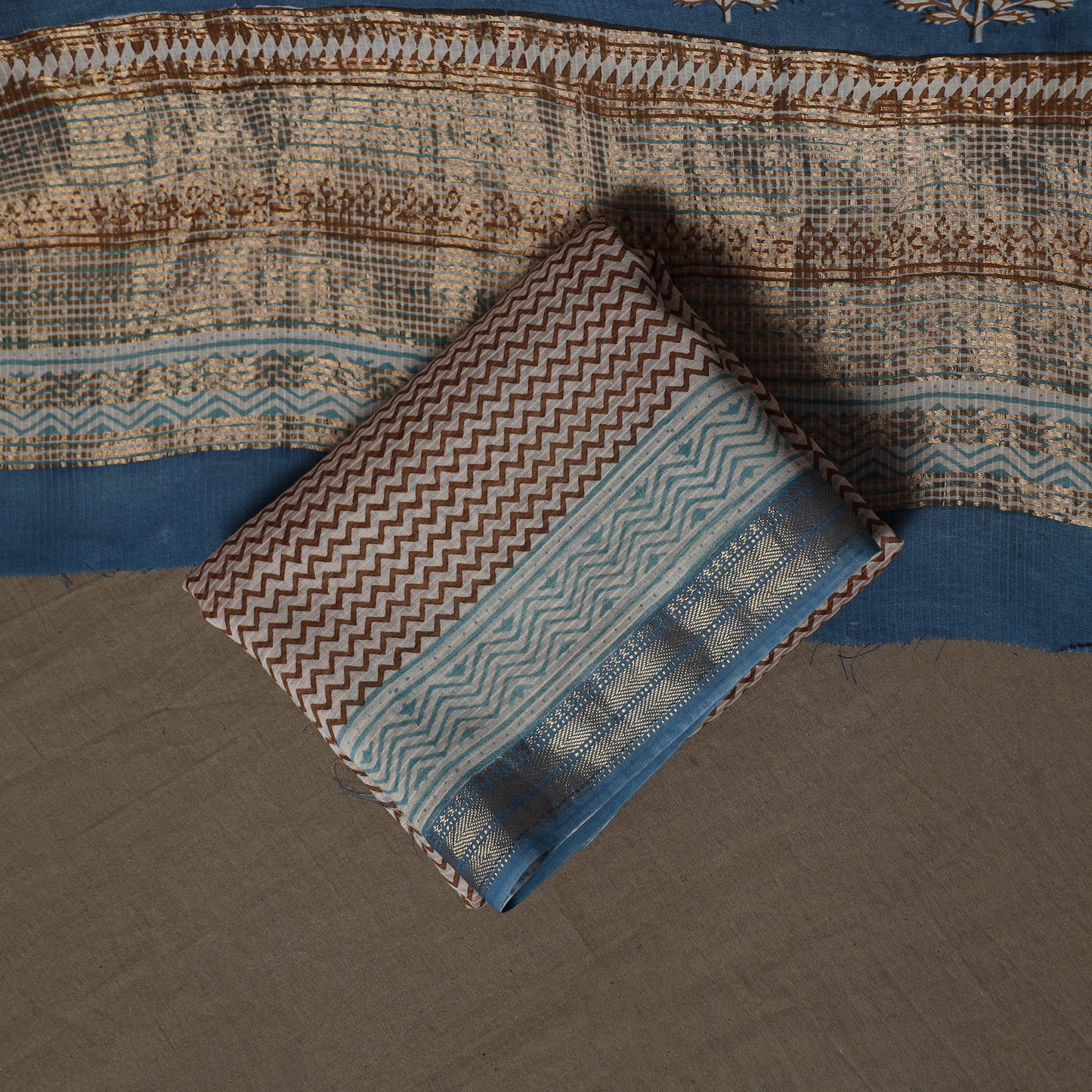 Bagh Hand Block Print Natural Dyed Maheshwari Silk 3pc Unstitched Dress Material Suit Set 10