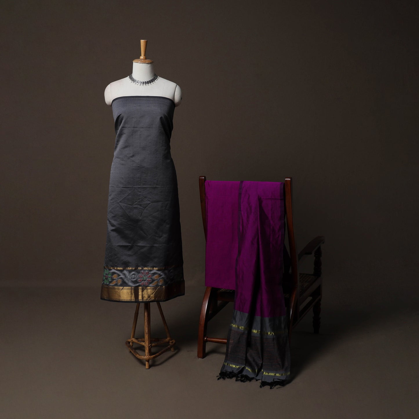 Pochampally Ikat Weave Silk Cotton 3pc Unstitched Dress Material Suit Set 06