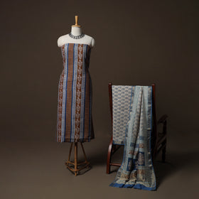 Bagh Hand Block Print Natural Dyed Maheshwari Silk 3pc Unstitched Dress Material Suit Set 12