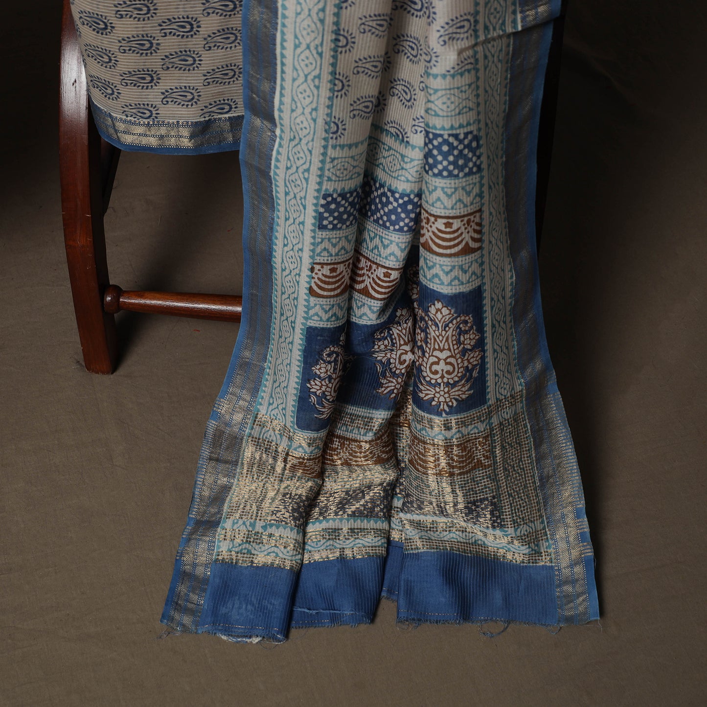 Bagh Hand Block Print Natural Dyed Maheshwari Silk 3pc Unstitched Dress Material Suit Set 12