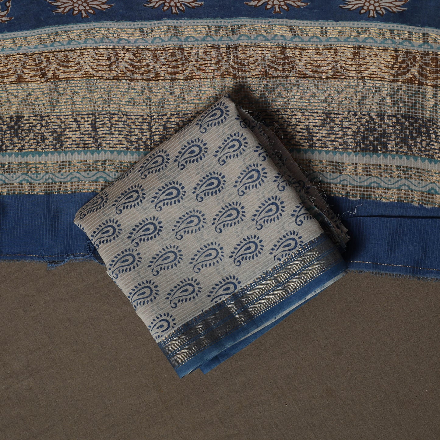 Bagh Hand Block Print Natural Dyed Maheshwari Silk 3pc Unstitched Dress Material Suit Set 12