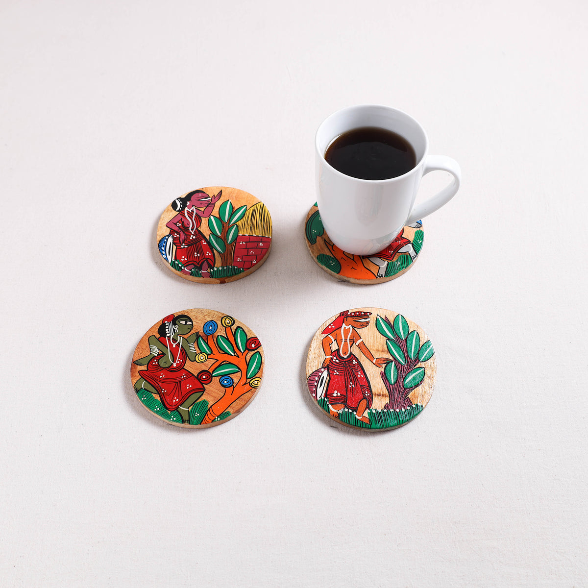 Bengal Patua Handpainted Akashmoni Wooden Coasters (Set of 4) 28