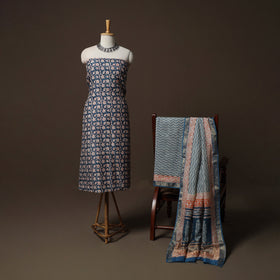 Bagh Hand Block Print Natural Dyed Maheshwari Silk 3pc Unstitched Dress Material Suit Set 14