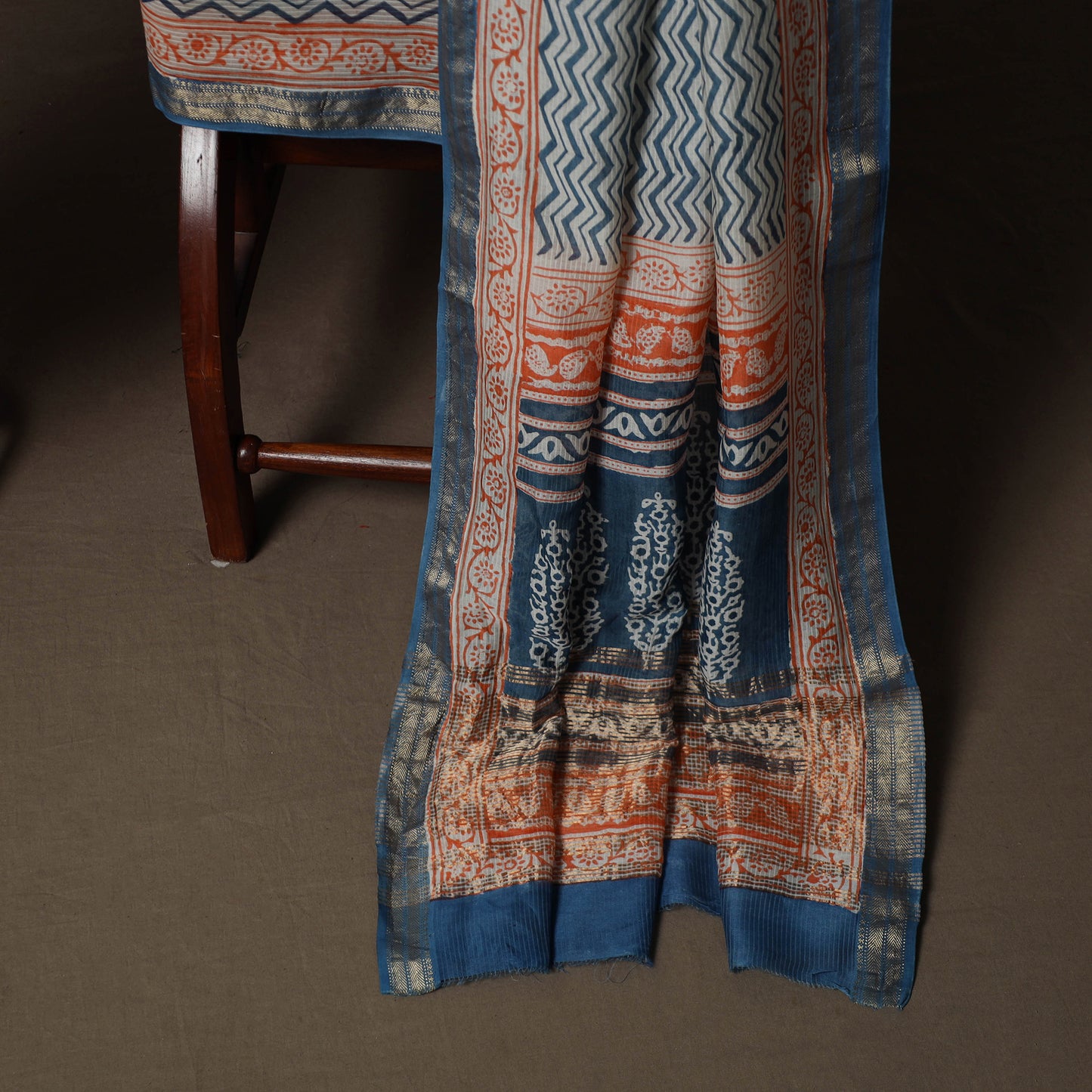 Bagh Hand Block Print Natural Dyed Maheshwari Silk 3pc Unstitched Dress Material Suit Set 14