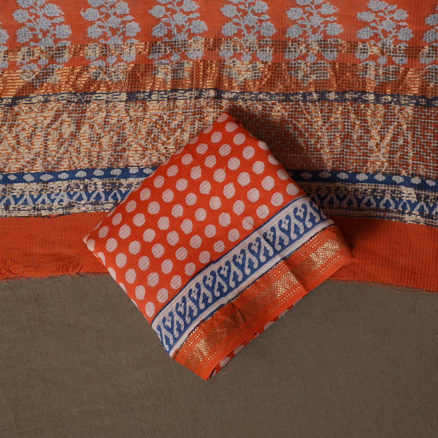 Bagh Hand Block Print Natural Dyed Maheshwari Silk 3pc Unstitched Dress Material Suit Set 15