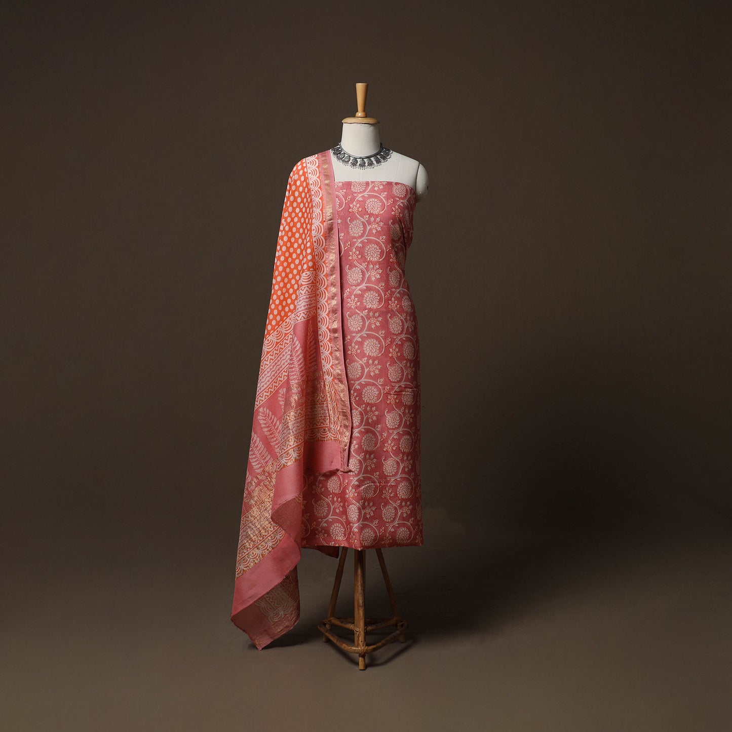 Bagh Hand Block Print Natural Dyed Maheshwari Silk 3pc Unstitched Dress Material Suit Set 16