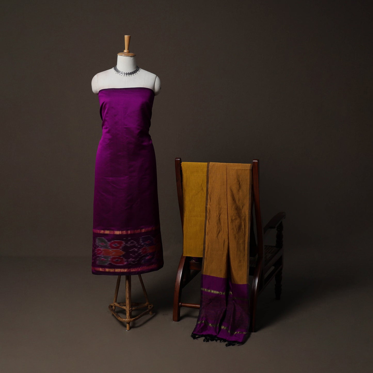Pochampally Ikat Weave Silk Cotton 3pc Unstitched Dress Material Suit Set 11
