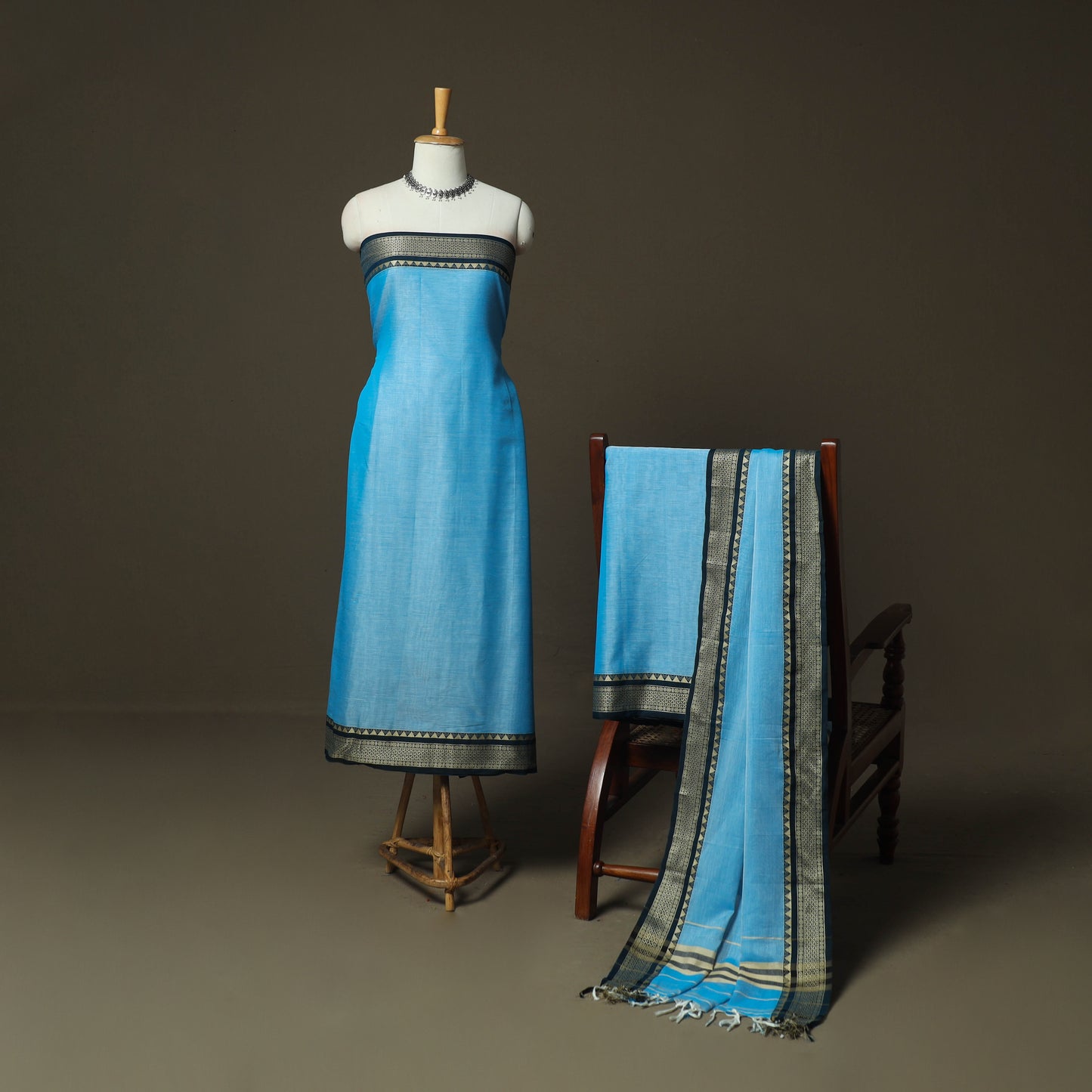Blue - Dharwad Woven Mercerised Cotton 3pc Unstitched Dress Material Suit Set 01