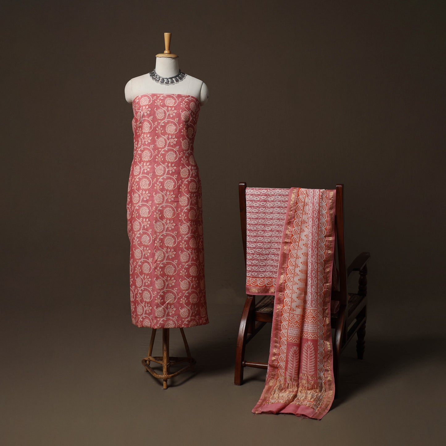 Bagh Hand Block Print Natural Dyed Maheshwari Silk 3pc Unstitched Dress Material Suit Set 17