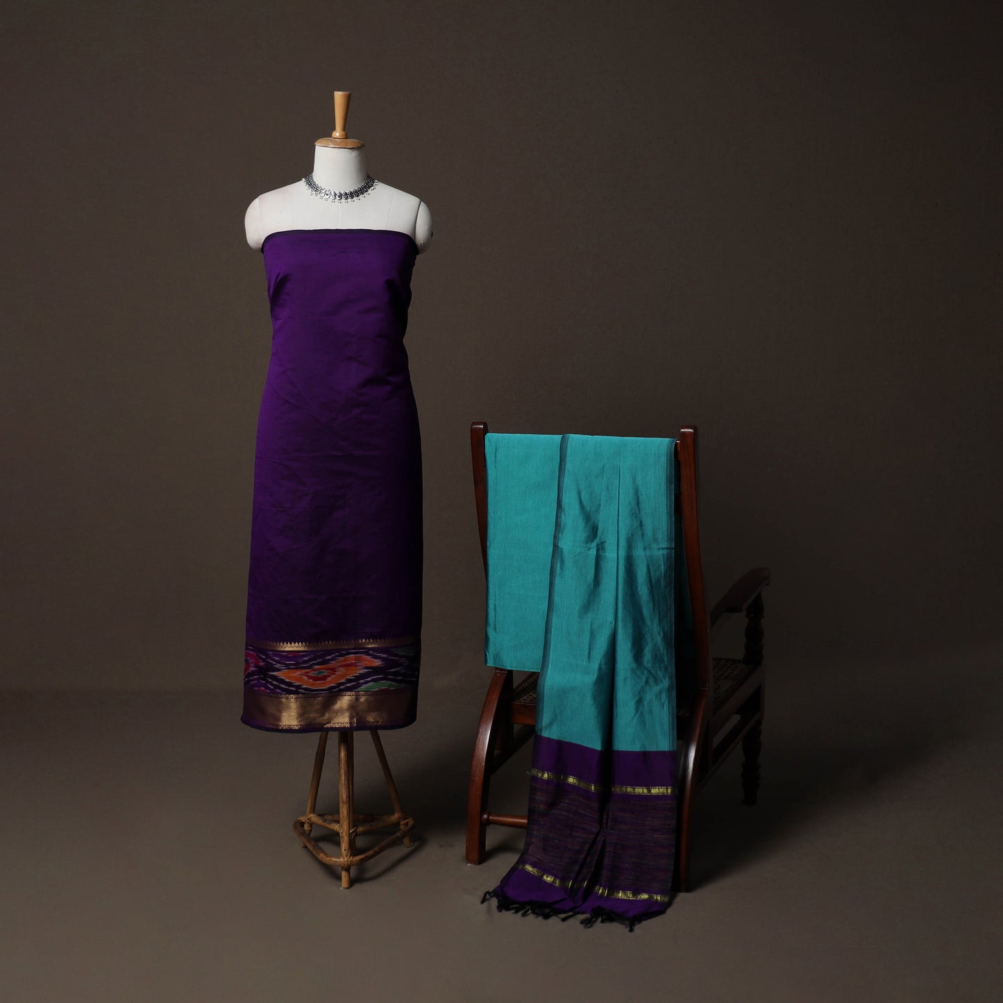 Pochampally Ikat Weave Silk Cotton 3pc Unstitched Dress Material Suit Set 12