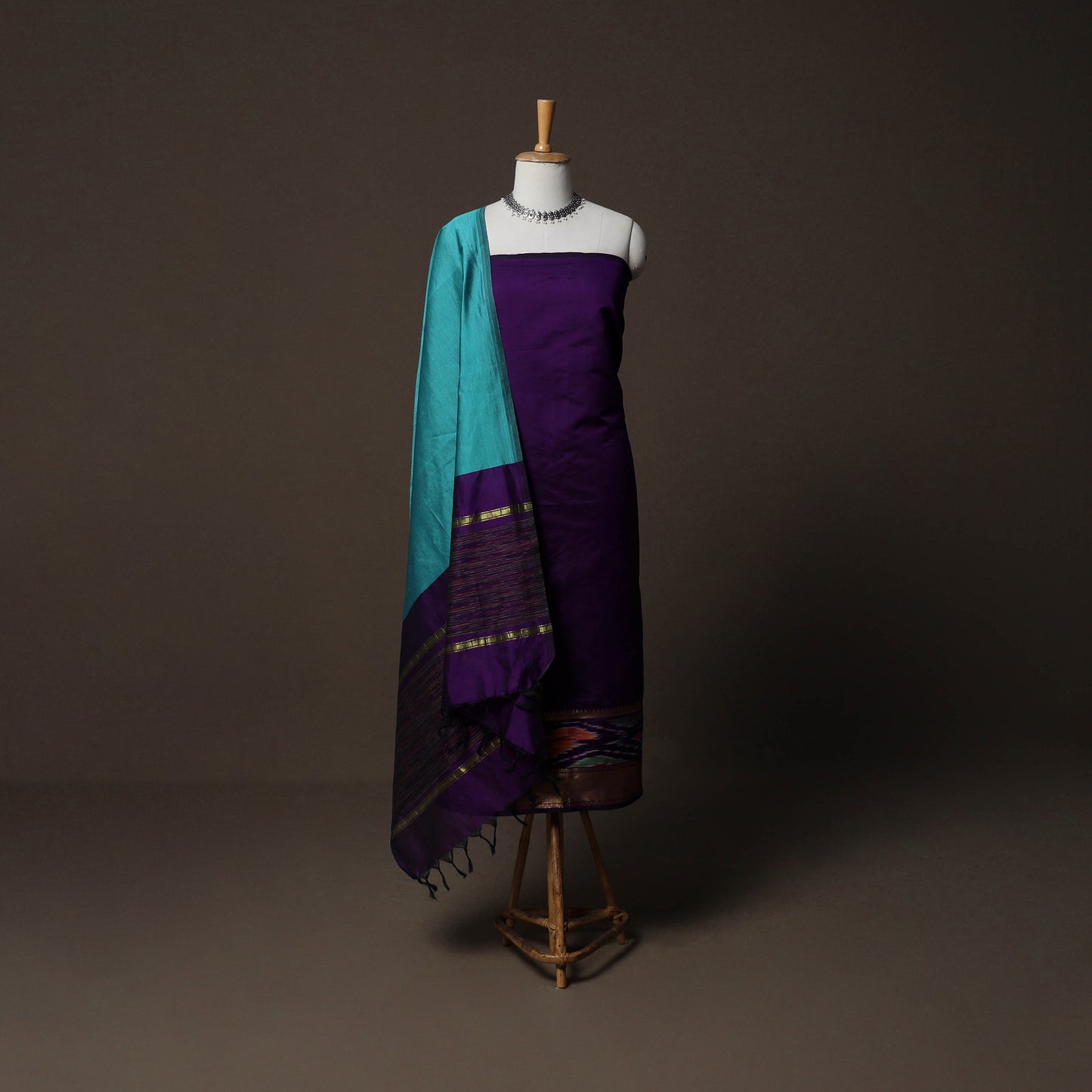 Pochampally Ikat Weave Silk Cotton 3pc Unstitched Dress Material Suit Set 12