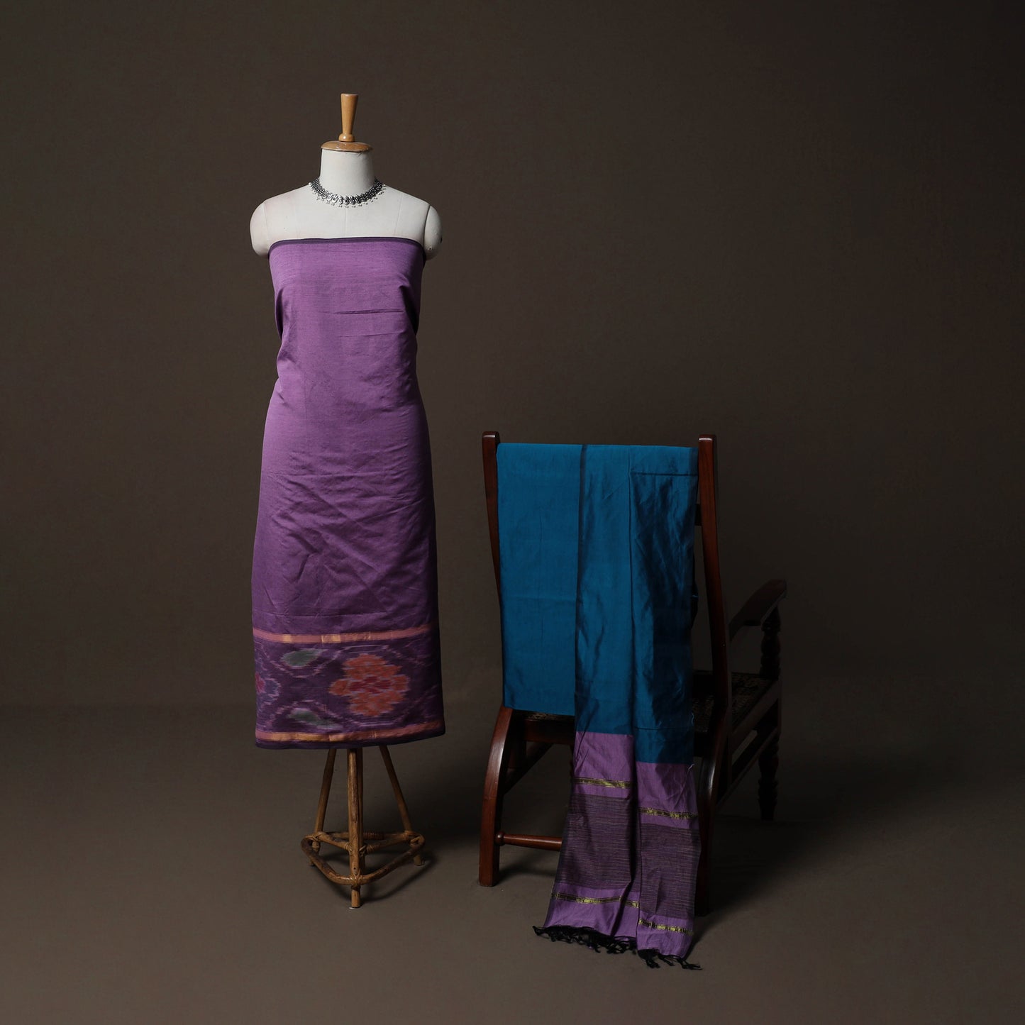 Pochampally Ikat Weave Silk Cotton 3pc Unstitched Dress Material Suit Set 13