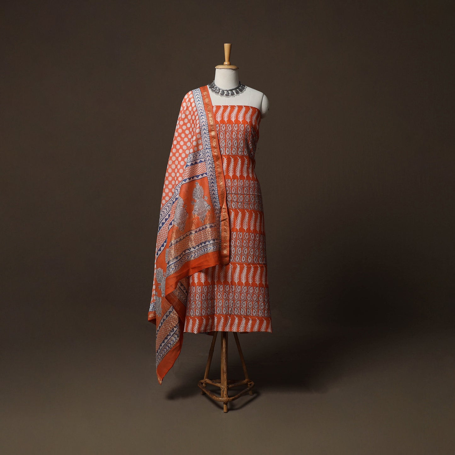 Bagh Hand Block Print Natural Dyed Maheshwari Silk 3pc Unstitched Dress Material Suit Set 20