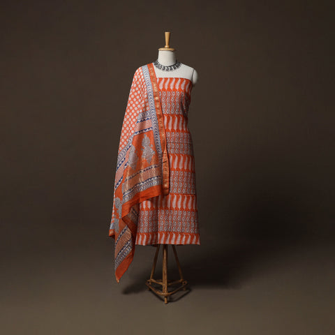 Bagh Hand Block Print Natural Dyed Maheshwari Silk 3pc Unstitched Dress Material Suit Set 20