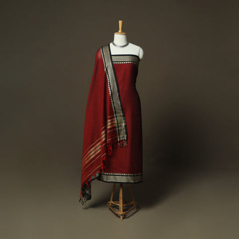 Maroon - Dharwad Woven Mercerised Cotton 3pc Unstitched Dress Material Suit Set 05