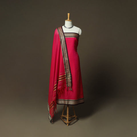 Red - Dharwad Woven Mercerised Cotton 3pc Unstitched Dress Material Suit Set 06