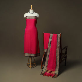 Red - Dharwad Woven Mercerised Cotton 3pc Unstitched Dress Material Suit Set 06