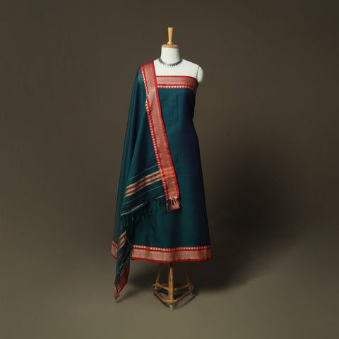 Green - Dharwad Woven Mercerised Cotton 3pc Unstitched Dress Material Suit Set 08