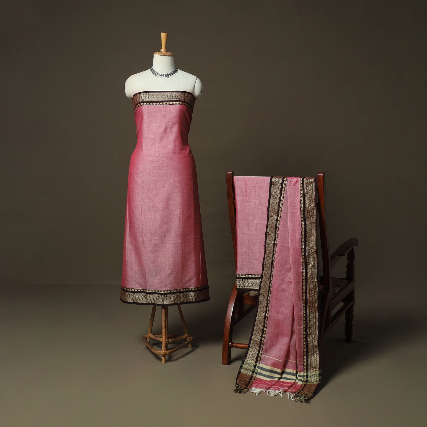 Pink - Dharwad Woven Mercerised Cotton 3pc Unstitched Dress Material Suit Set 10