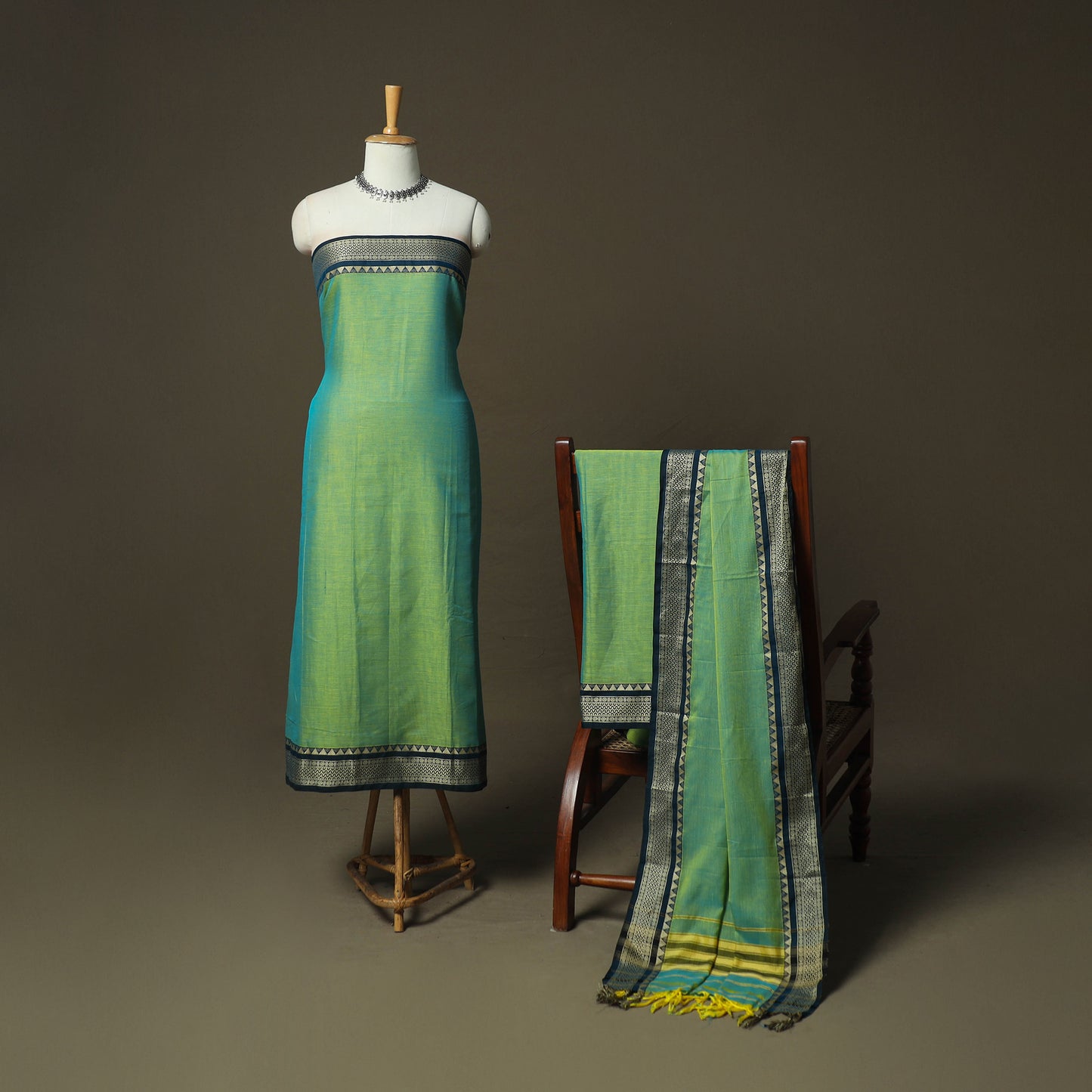 Green - Dharwad Woven Mercerised Cotton 3pc Unstitched Dress Material Suit Set 12