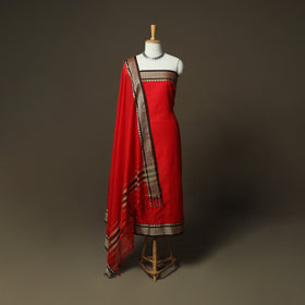 Red - Dharwad Woven Mercerised Cotton 3pc Unstitched Dress Material Suit Set 14