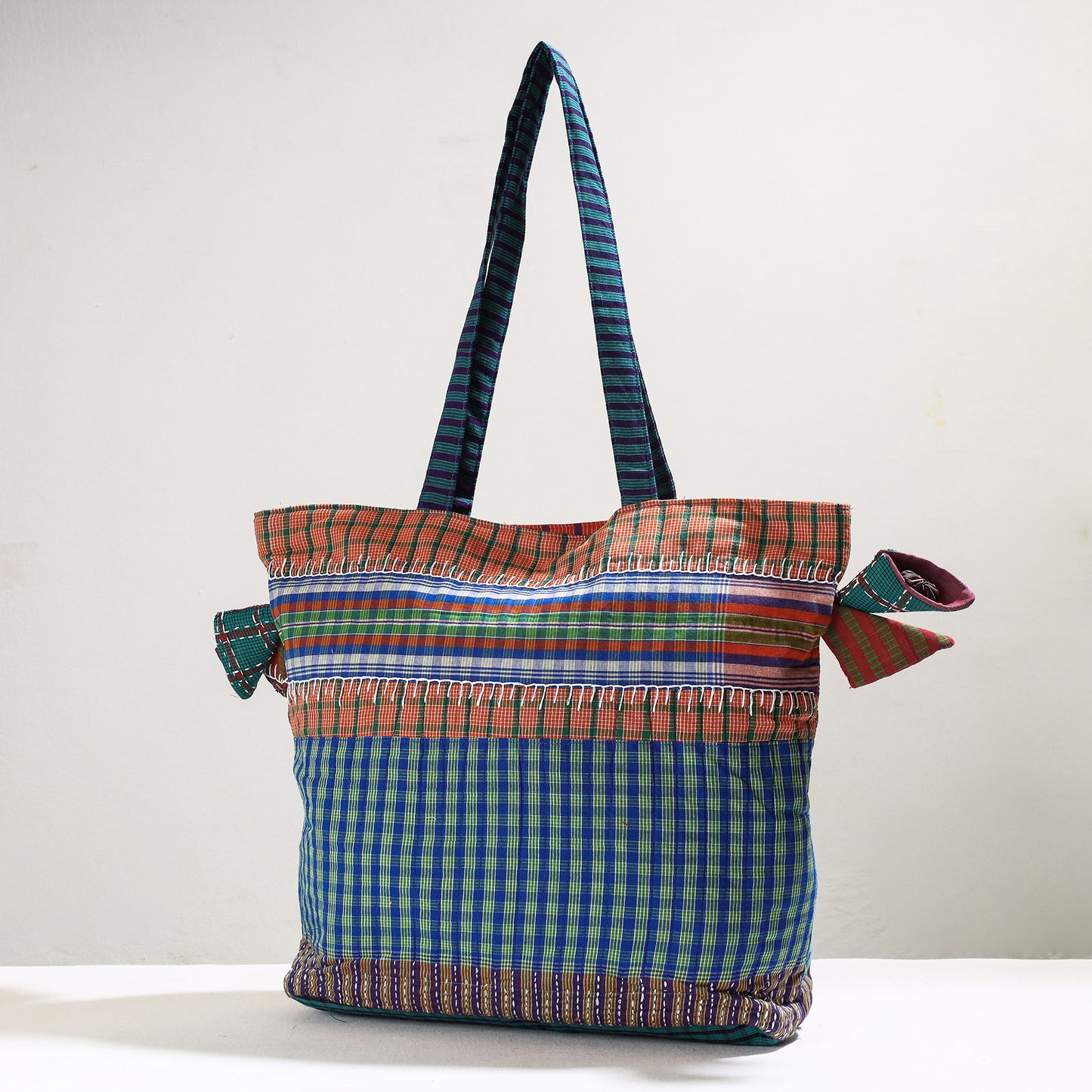 Blue - Handmade Gamcha Fabric Kantha Work Tote Bag