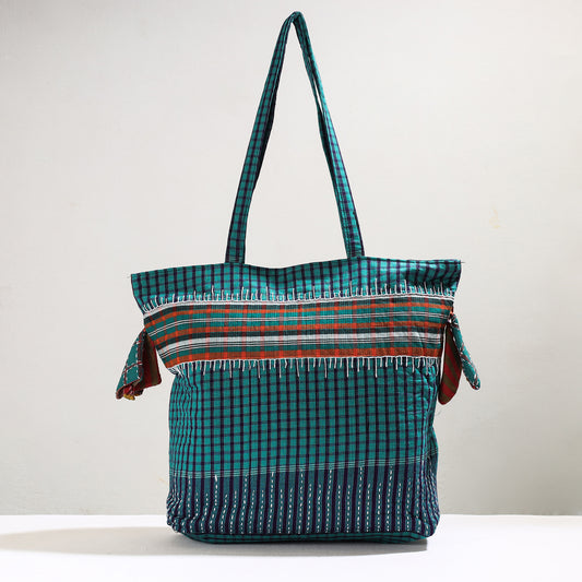 Green - Handmade Gamcha Fabric Kantha Work Tote Bag