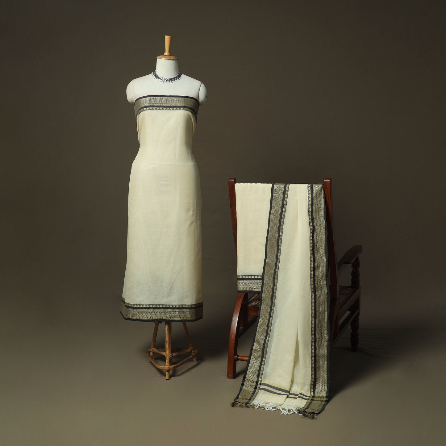 Beige - Dharwad Woven Mercerised Cotton 3pc Unstitched Dress Material Suit Set 15